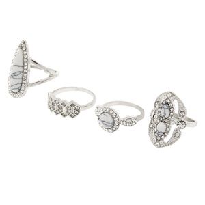 NEW Silver Marble Rings Set - White, 4 Pack NWT